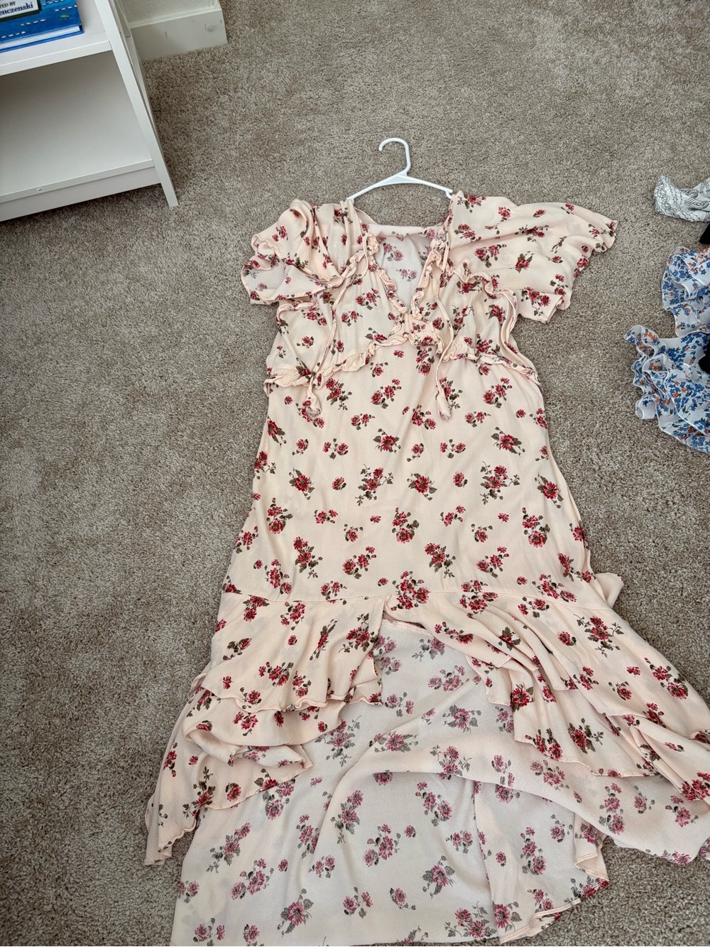 Vici Cream Midi Dress with Pink and Red Floral Ruffles